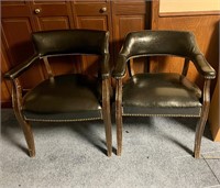 Vintage Pair of Faux Black Leather and Wood Chairs