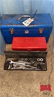Blue metal toolbox, small red metal toolbox