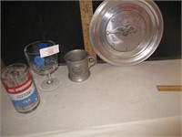 Pewter cup Heavy metal tray/ 2 glasses