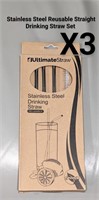 NEW Lot of 3 St. Steel Straight Reusable Straw Set