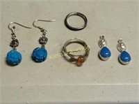 estate jewelry lot earrings, rings, amber & turqui