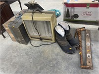 Brick tongs, level, electric heater, boots,