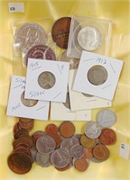 Variety lot, foreign, war and "v" nickels, tokens