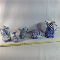 Grouping of five blue pottery items