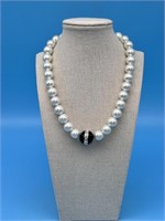 Large Faux Pearl Necklace With Black Accent