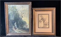 2 pc. Vintage Art Lot, Painting & Etching, Signed