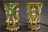 Pair hand painted glass vases