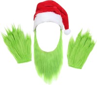 Mens Green Beard Santa Hat with Furry Gloves x2