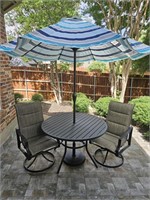 Round Metal Patio Set: Table, Umbrella, 2- Chairs,