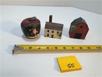 2 Hand Painted Wooden Houses & Apple Trinket Box
