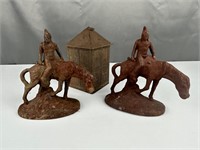 Cast iron Indian on Horse bookends Lithograph tin