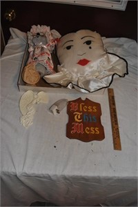 pillow, angel, bless this house plaque and mouse