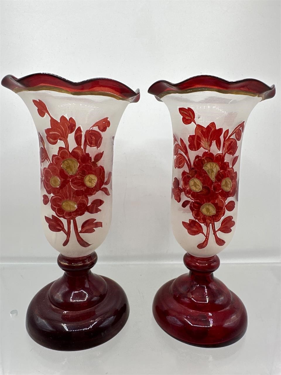 Frosted red bohemian glass vases