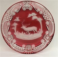 Cranberry Cut To Clear Deer Scene Bowl