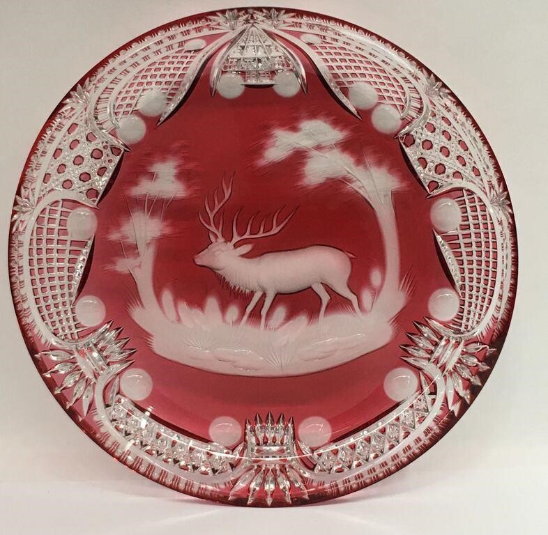 Cranberry Cut To Clear Deer Scene Bowl