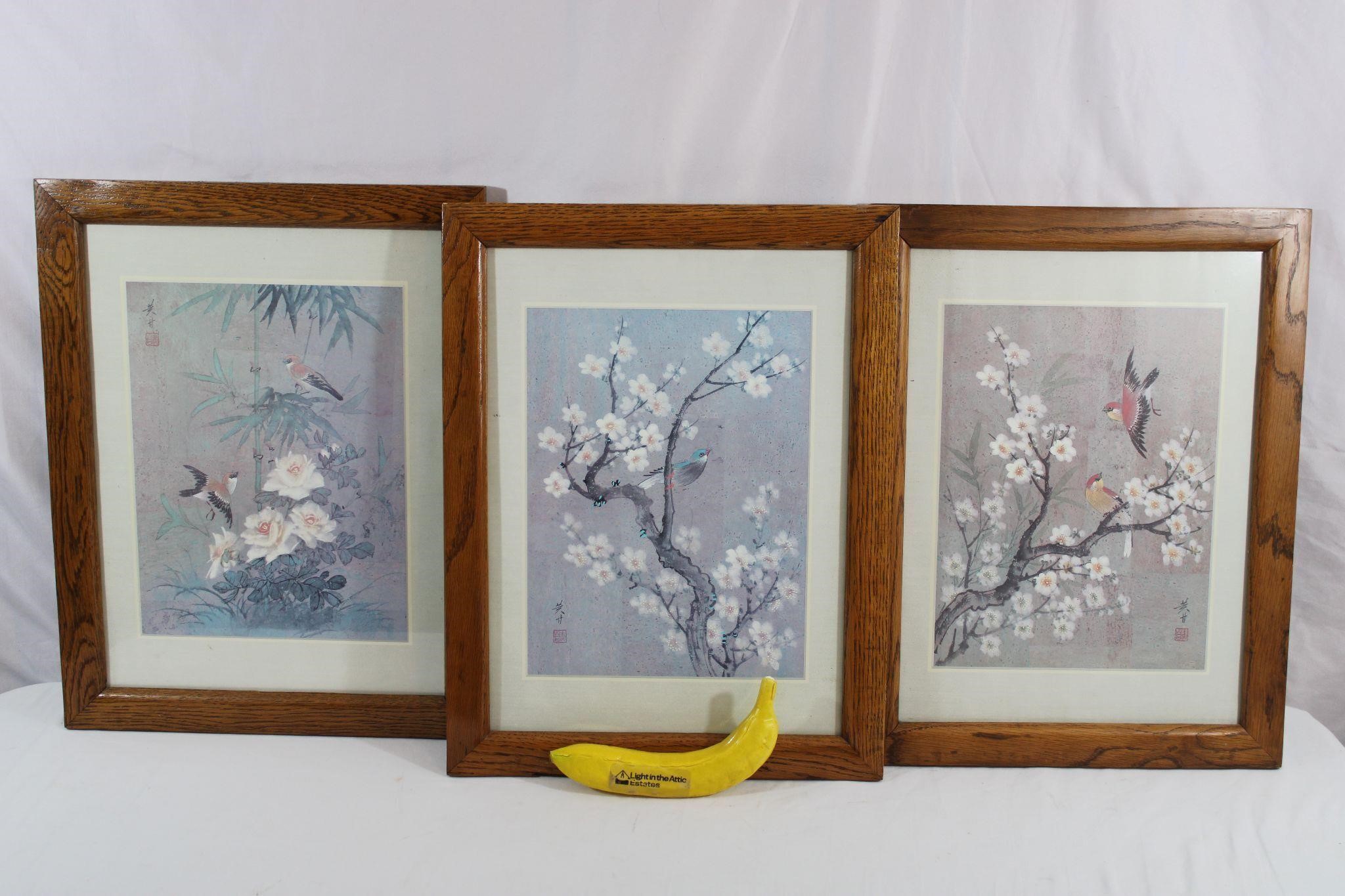 3 Signed Japanese Birds & Blossoms Framed Prints