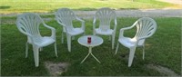 Plastic stacking patio chairs & glass top side