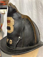 ANTIQUE  DATED 1882 LEATHER FIRE HELMET WITH