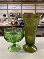 Green Cut Glass Pedestal & Green Vase