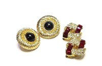 2 Pair of Gold Tone Jeweled Clip On Earrings