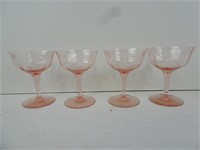 4 Matching Etched Pink Depression Glass Cups