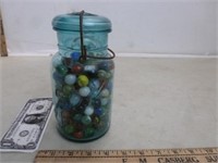 Aqua Blue Ball Ideal Jar w/ Lid & Full of Marbles