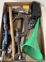 C-clamp, funnel, screwdriver, misc