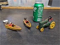 2 Cast Iron Race Boats & John Deere Tractor