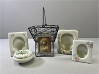 Porcelain & Leaded Frames, Dresser Jar, Wire Baske
