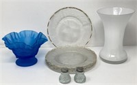Cased Glass Vase, Blue Dish, Glass Plates, Shakers