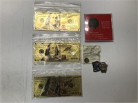 3 GOLDLEAF BANK NOTES AND 2 COINS