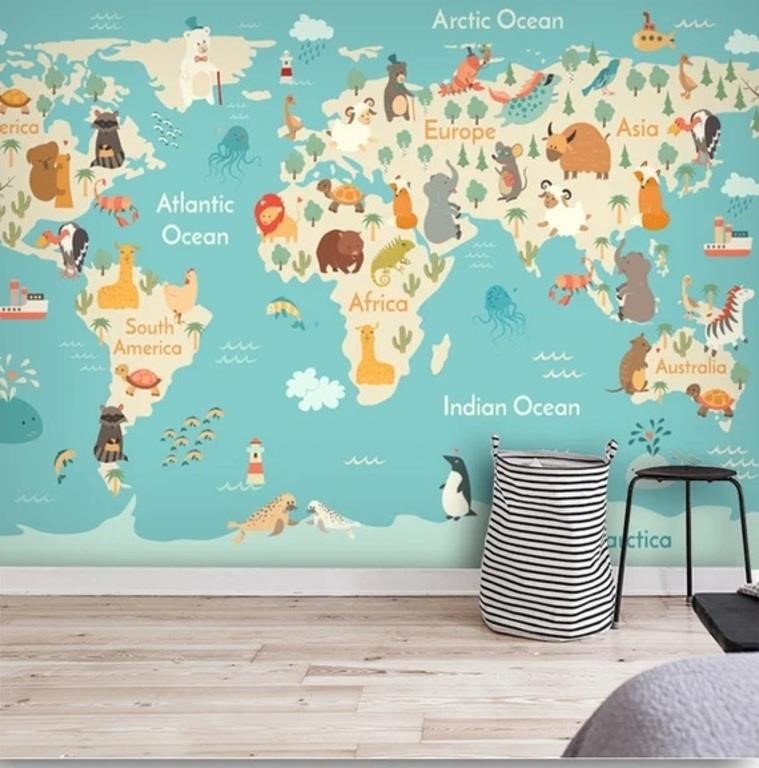Cartoon Animal World Map Blue Background Wall