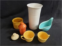 Group of ceramics, tea cups, salt shaker, vase,