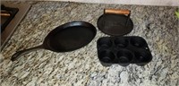 Lot of 3 Cast iron, lodge muffin pan, skillet