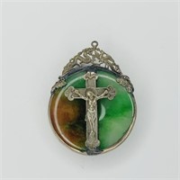 Ornate Agate/Jade 2 Sided Pendant w/Crucifix