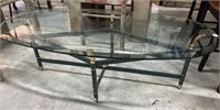 Oval Glass Top Coffee Table , Green / Brass Style