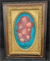 Framed Antique Original Oil On Panel Red Floral