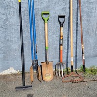 Pist hole digger, shovels, fork, 2 stone rakes,