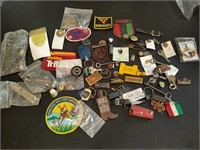 Collection of vintage pins, patches, keys,