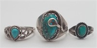 3 Navajo Turquoise Rings sizes 4, 12, 9