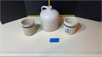 Sesquicentennial crock, unmarked crock and jug