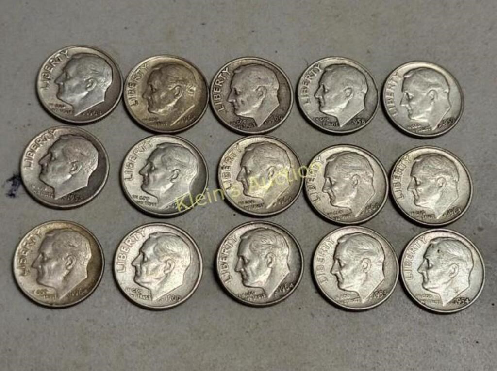 15 silver dimes roosevelt dimes nice!