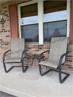 2 metal and fabric chairs and small side table