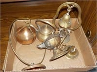 Brass items, bell, teapot