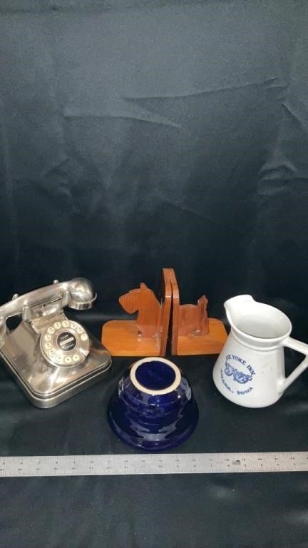 Rotary phone,  not tested, wooden book ends, Ox