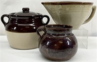 Antique / Vtg Stoneware Bean Pots & Batter Bowl