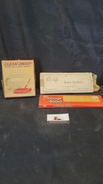 Vintage hand sweeper, rug needle, & cribbage