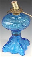 BLUE PRINCESS FEATHER GLASS KEROSENE OIL LAMP BASE