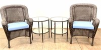 (4pc) Rattan Patio Chairs & Iron Glass Side Tables