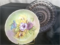 Hand Painted Floral Plate & Pressed Glass Plate
